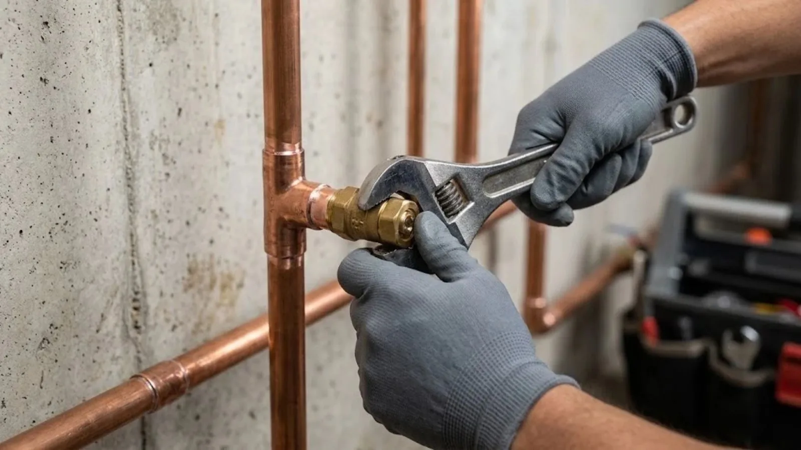 Plumber tightening a copper pipe fitting during a repair in Upland, CA